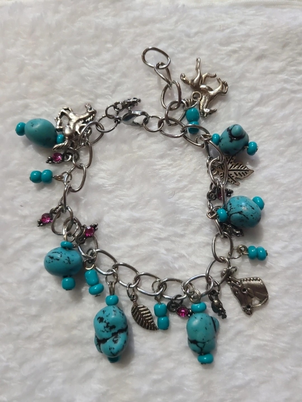 Turquoise Bead Charm Bracelet with Silver-Tone Charms - Women's Jewelry